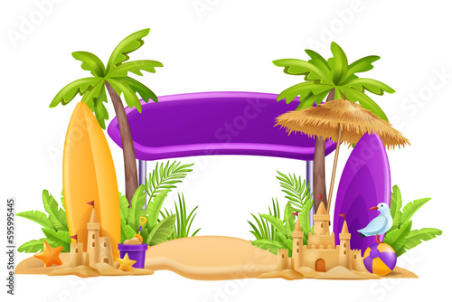 3D beach sign post, vector summer board, vacation travel frame, exotic palm tree, sand castle, gull. Tropical ocean copy space billboard, surfboard, sun umbrella, holiday coast concept. Beach sign