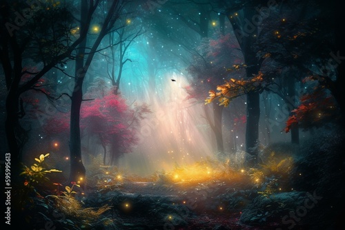 Enchanting forest with colorful trees, moon, fireflies, and fog. Digital illustration creating a mystical ambiance for wallpaper. Generative AI