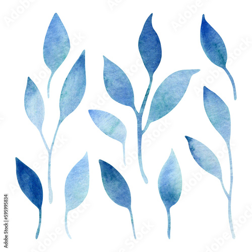 Watercolor hand drawn abstract leaves set isolated on a white background.