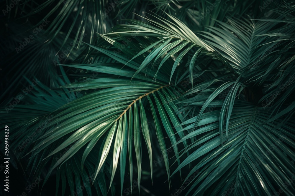 Tropical palm leaves for summer design. Exotic Hawaiian jungle for trendy posters, brochures and more. Generative AI