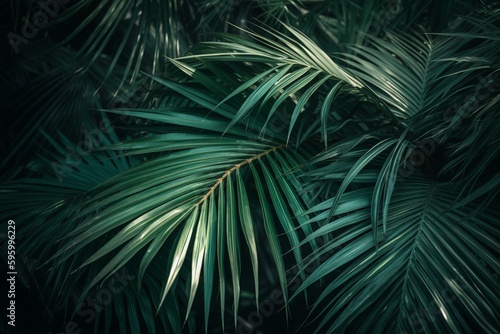 Tropical palm leaves for summer design. Exotic Hawaiian jungle for trendy posters, brochures and more. Generative AI © Beatriz