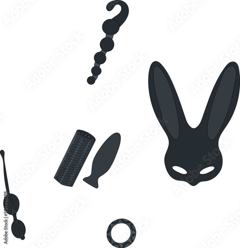 Illustration set black and white lines background sex toys bdsm erotic set handcuffs bondage mask vibrating ring light green pink background bunny green light green background