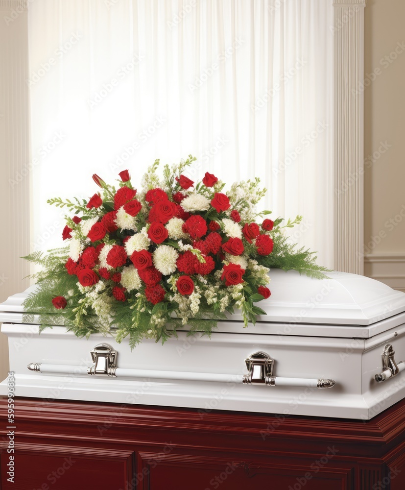 Closeup shot of a white casket in a hearse or chapel before funeral or burial at cemetery - obrazy, fototapety, plakaty 