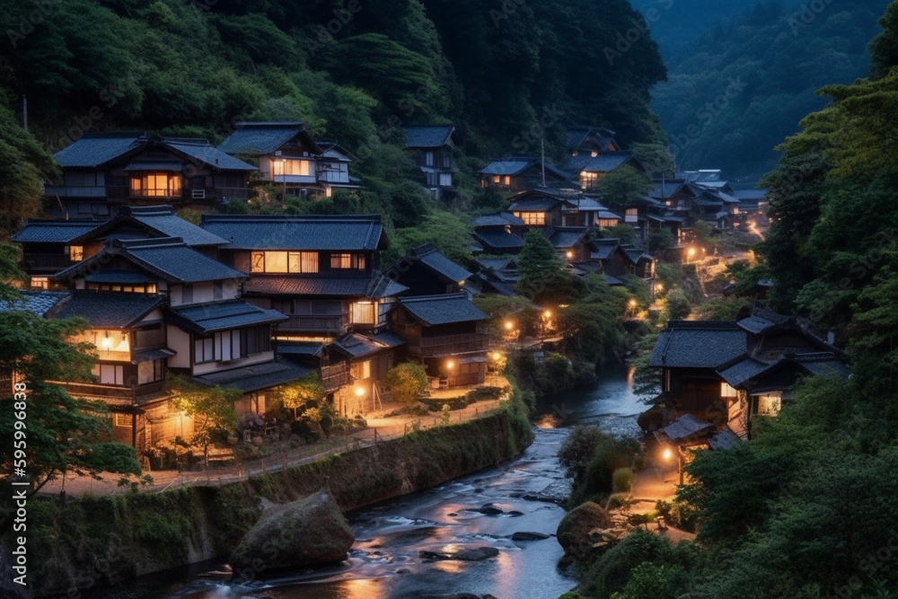 Obraz premium A Japanese village seated in a beautiful valley at dusk, Generative AI