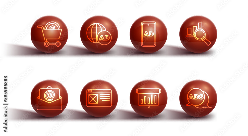 Set line Shopping cart and dollar, Mail e-mail, Magnifying glass analysis, Board with graph chart, Browser window, Advertising, and icon. Vector Set line Shopping cart and dollar, Mail e-mail, Magnifying glass analysis, Board with graph chart, Browser window, Advertising, and icon. Vector