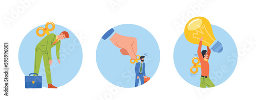 Isolated Round Icons or Avatars with Huge Hand Starting Springs of Employee Clockwork Toys or Puppets, Illustration
