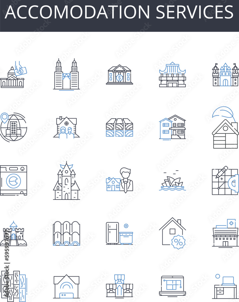 Accomodation services line icons collection. Lodging facilities, Housing options, Room rentals, Shelter services, Boarding homes, Hospitality services, Overnight stays vector and linear illustration Accomodation services line icons collection. Lodging facilities, Housing options, Room rentals, Shelter services, Boarding homes, Hospitality services, Overnight stays vector and linear illustration