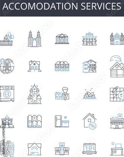 Accomodation services line icons collection. Lodging facilities, Housing options, Room rentals, Shelter services, Boarding homes, Hospitality services, Overnight stays vector and linear illustration
