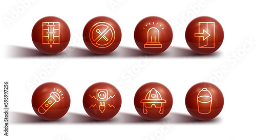 Set line Evacuation plan, Flashlight, Fire exit, Firefighter helmet, Electricity spark, No fire match, bucket and Ringing alarm bell icon. Vector