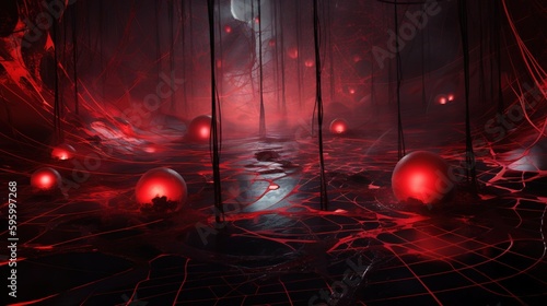 Fotografie, Obraz a dark room with red lights and orbs on the floor