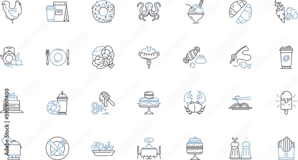 Bistro-style Eating line icons collection. Ambience, Cuisine, Menu, Freshness, Flavor, Quality, Savory vector and linear illustration. Appetizing,Comfortable,Cozy outline signs set