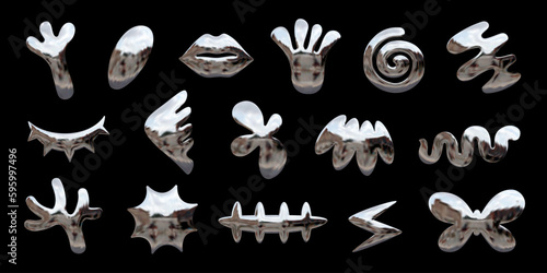 Y2K design chrome 3D elements set, metallic effect vector abstract shapes - flower, lightning, wing, butterfly, lips, spiral, snake, and various others