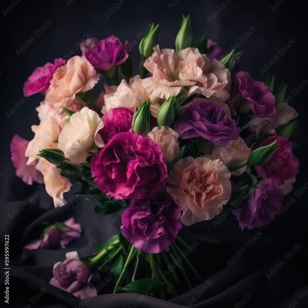 Fototapeta premium Bouquet with pink and purple lisianthus. Mother's Day Flowers Design concept.