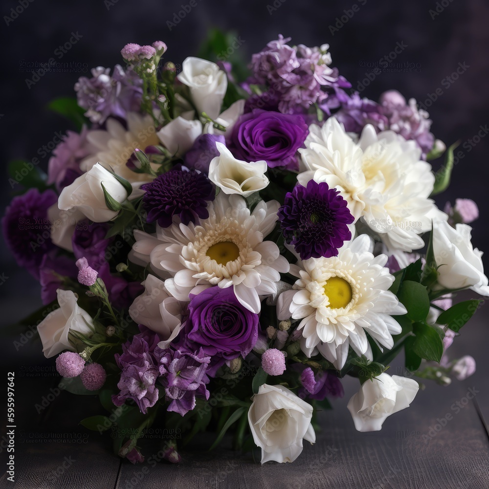 Bouquet with purple and white stock flowers. Mother's Day Flowers Design concept.