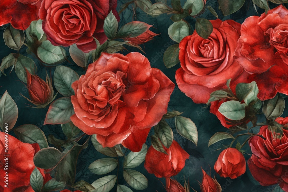 Seamless red rose watercolor floral pattern. Generative AI