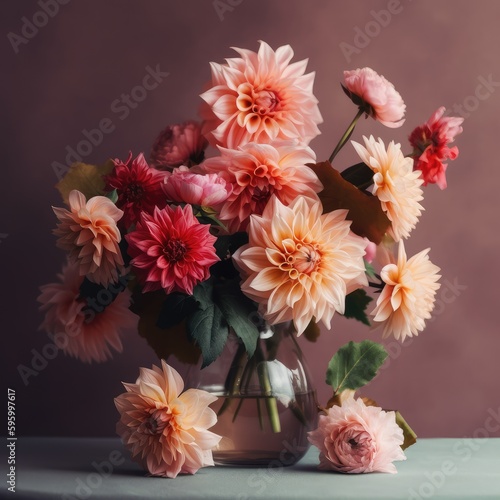 Bouquet with dahlias and garden roses. Mother s Day Flowers Design concept.