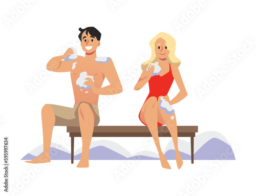 People rub their skin with snow for body hardening vector illustration isolated.