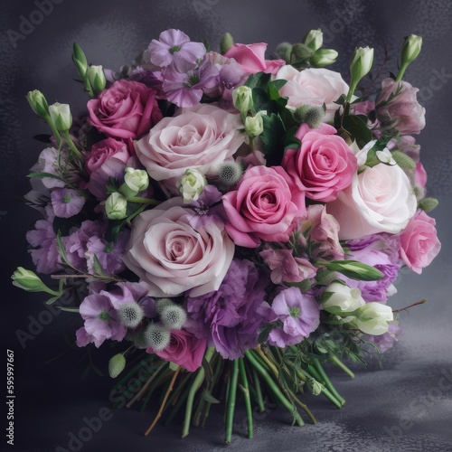 Bouquet with roses and lisianthus. Mother s Day Flowers Design concept.
