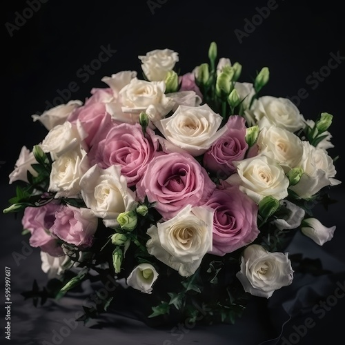 Bouquet with roses and lisianthus. Mother's Day Flowers Design concept.