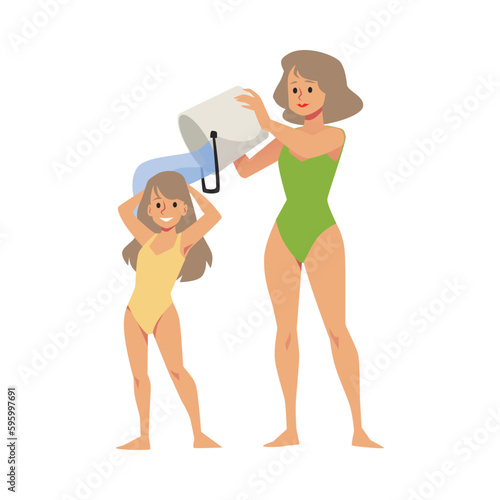 Mother douses her daughter with icy water from bucket flat vector isolated.