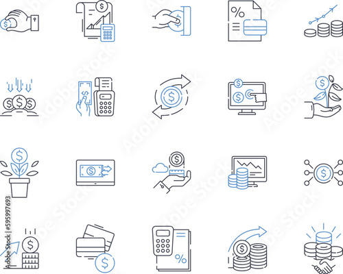 Investment sector line icons collection. Stocks, Bonds, Mutual Funds, Real Estate, Commodities, Futures, Options vector and linear illustration. ETFs,Index,Diversification outline signs set