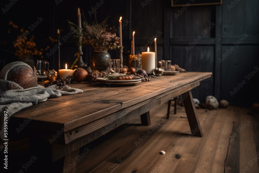 A festive wooden table with empty space in a cozy interior. Generative AI
