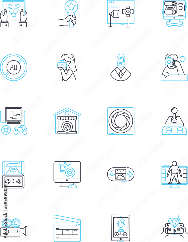 Film studio linear icons set. Production, Cast, Script, Director, Budget, Camera, Post-production line vector and concept signs. Soundtrack,Distribution,Rehearsal outline illustrations Film studio linear icons set. Production, Cast, Script, Director, Budget, Camera, Post-production line vector and concept signs. Soundtrack,Distribution,Rehearsal outline illustrations