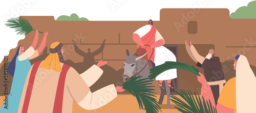 Palm Sunday Biblical Narrative Scene with Jesus Character Enters Jerusalem On A Donkey While Crowds Wave Palm Branches