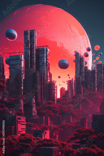 Futuristic City with Red Planet in Background.Generative Ai