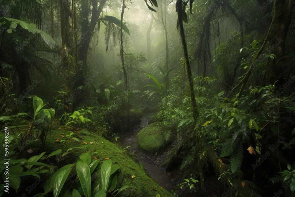 Misty Tropical Forest. Generative Ai