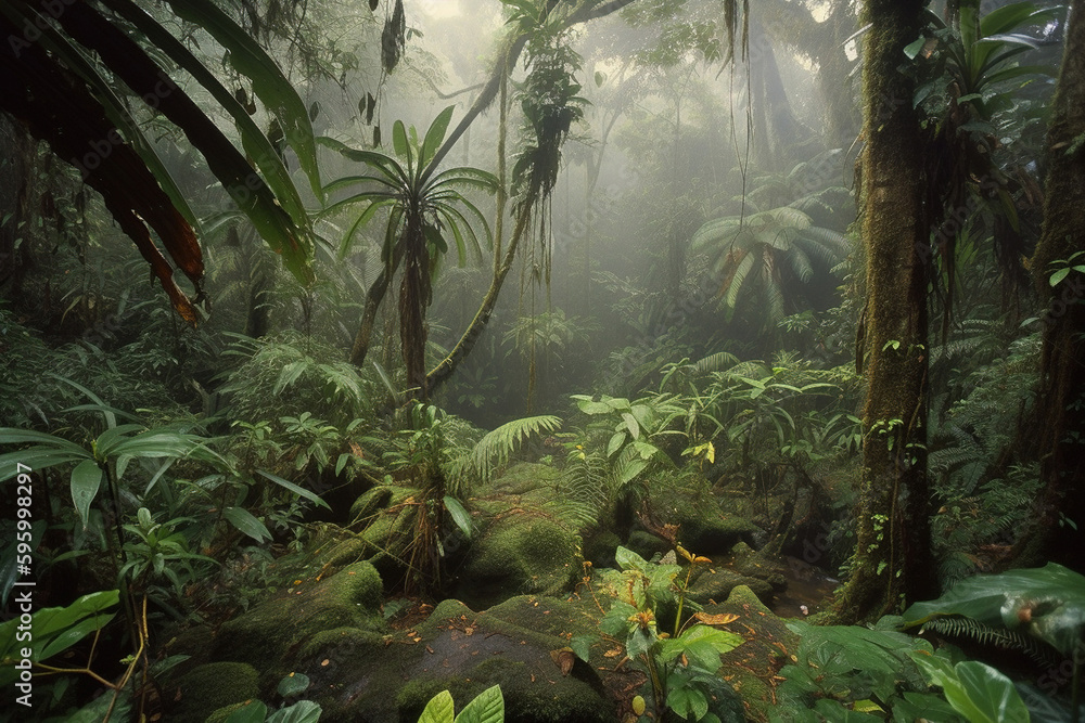 Misty Tropical Forest. Generative Ai