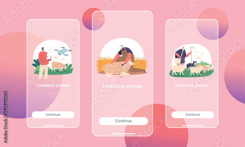 Livestock Sheep Mobile App Page Onboard Screen Template. Farmers Work On Smart Livestock, Feeding, Grazing Animals