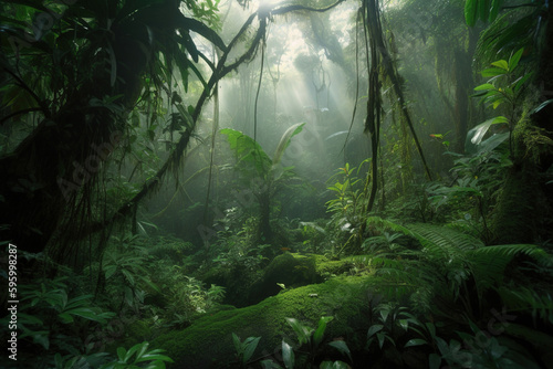 Misty Tropical Forest. Generative Ai © Shades3d