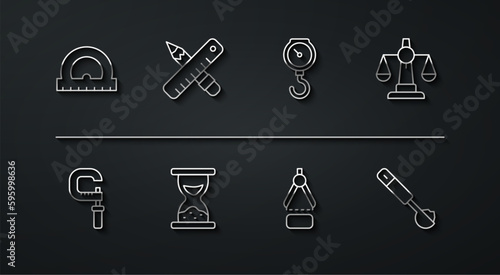 Set line Protractor, Micrometer, Scales of justice, Drawing compass, Old hourglass with sand, Crossed ruler pencil, Measuring spoon and Hand scale spring mechanical icon. Vector