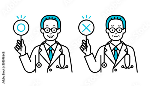 マルバツの問題に答える中年の医者