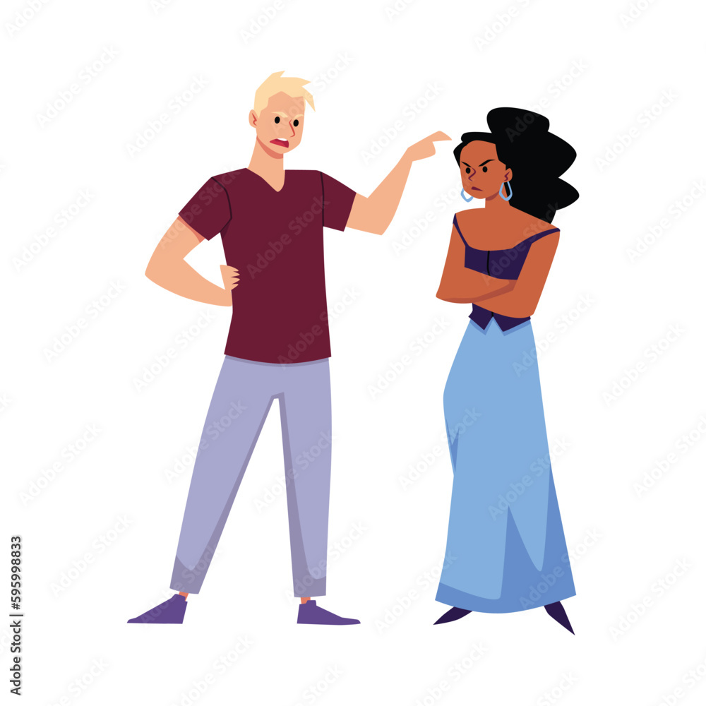 Man and woman arguing and fighting, flat vector illustration isolated on white background. Man and woman arguing and fighting, flat vector illustration isolated on white background.