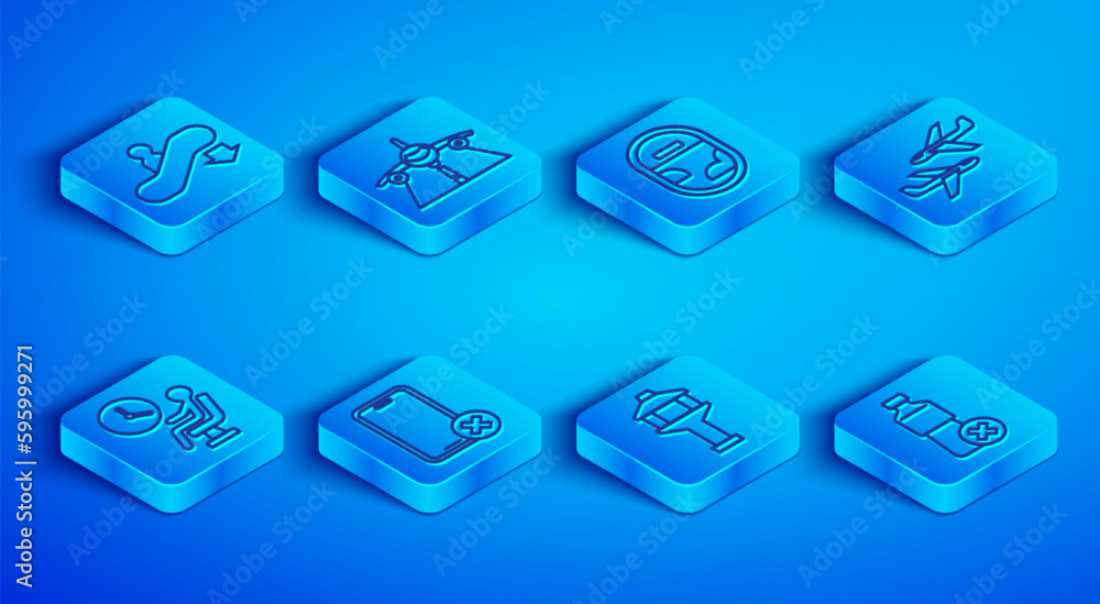 Set line Escalator down, Plane, Airplane window, No cell phone, Airport control tower, Human waiting airport terminal and water bottle icon. Vector Set line Escalator down, Plane, Airplane window, No cell phone, Airport control tower, Human waiting airport terminal and water bottle icon. Vector