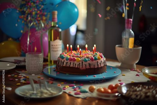 Birthday Cake with Candles on a Table.Generative Ai