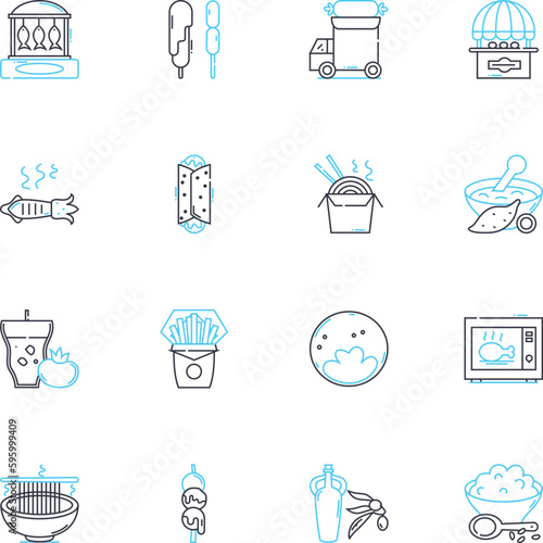 Diner joint linear icons set. Classic, Nostalgic, Greasy, Delicious, Casual, Old-school, Comforting line vector and concept signs. Cozy,Homey,Friendly outline illustrations