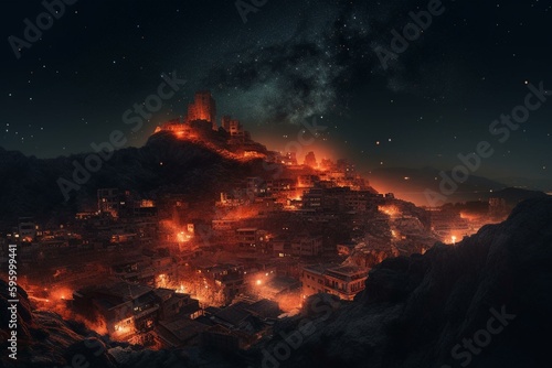Red illustration of a ruined city burning under a starry sky at night. Generative AI