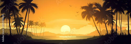 Sunset on a tropical island. Generative AI.
