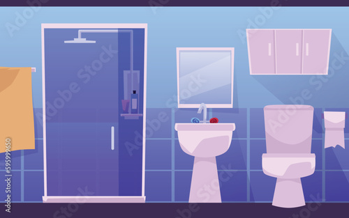 Bathroom interior with shower cabin, toilet, washbasin and mirror - flat vector illustration.