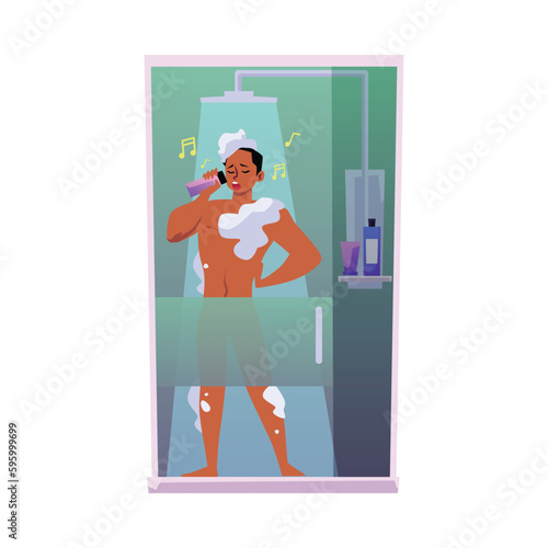 Man singing in shower while bathing flat cartoon vector illustration isolated.
