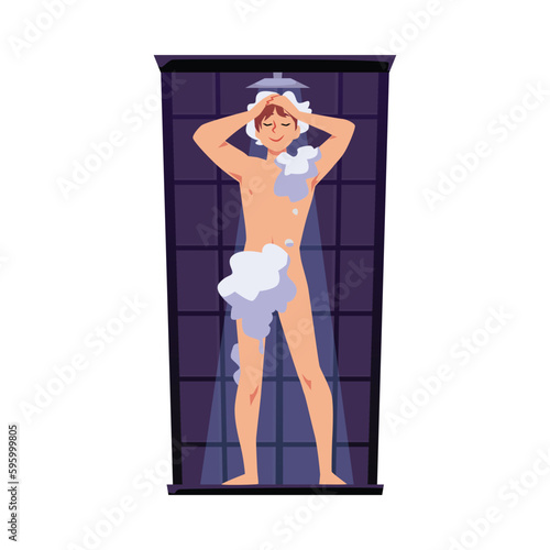 Smiling man take shower flat style, vector illustration
