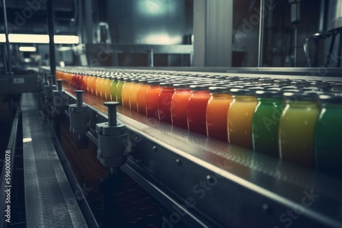 Beverages with flavor traverse juice production line via conveyor belt. Generative AI