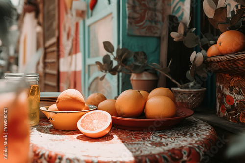 still life with oranges on a beautiful orient table in summer. generative ai photo