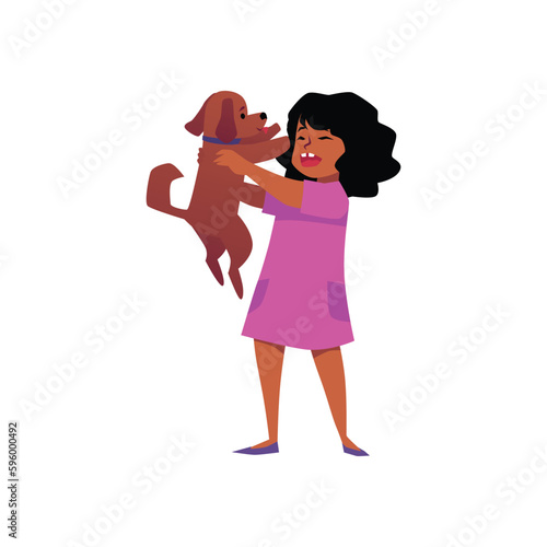 Happy child girl holding puppy, flat vector illustration isolated on white background.