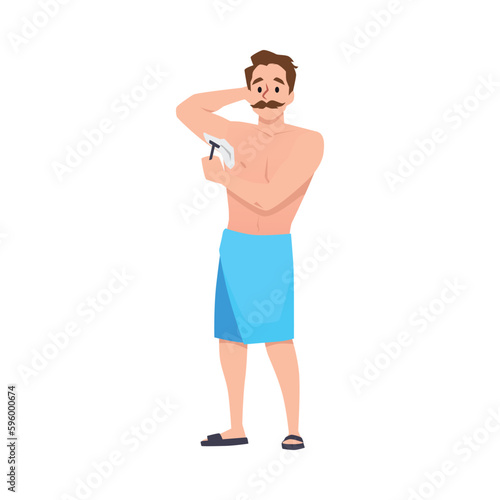 Mustachioed man in blue towel shaves armpits flat style
