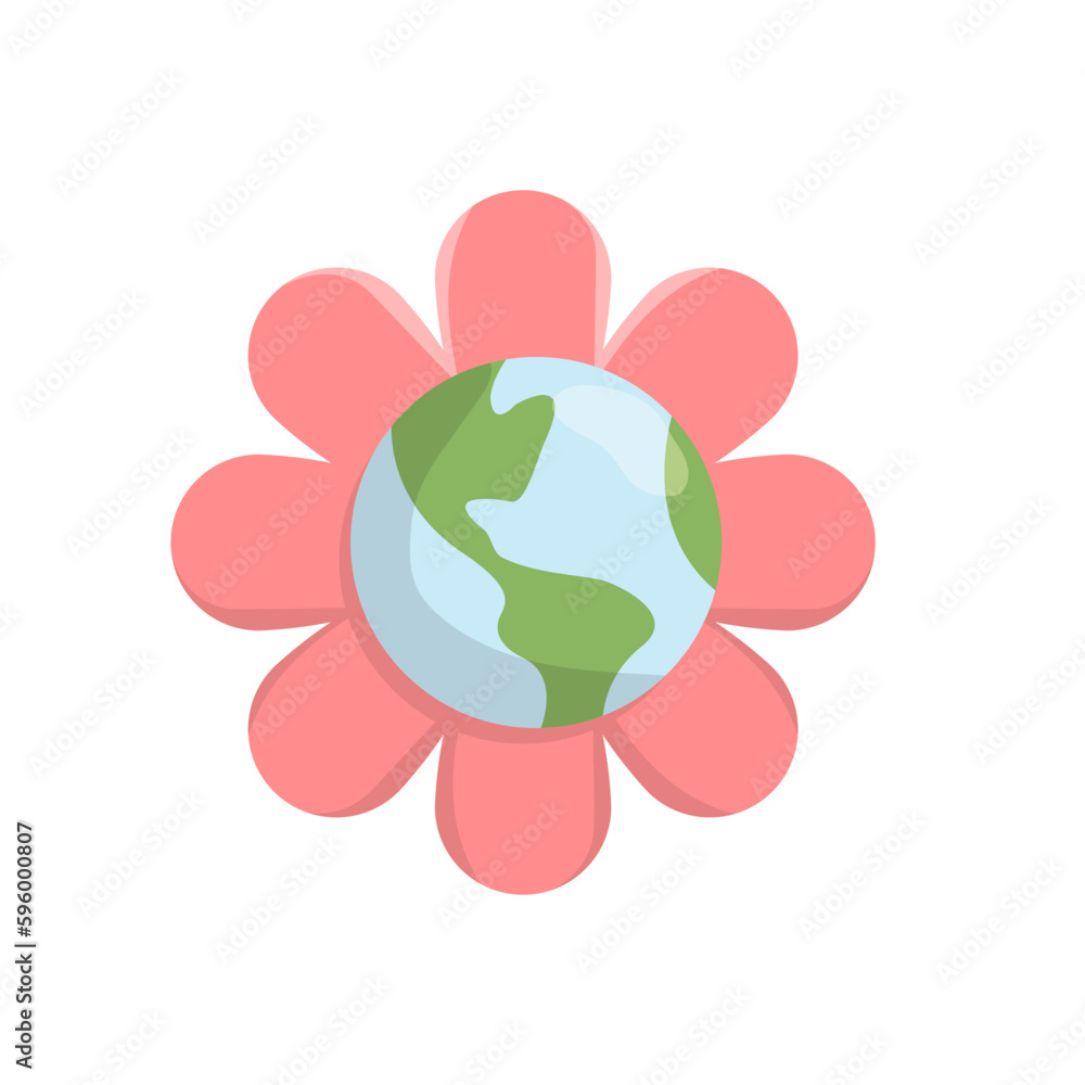 Planet earth flowering. Flower bloom with the world map in the center. Vector illustration. Planet earth flowering. Flower bloom with the world map in the center. Vector illustration.