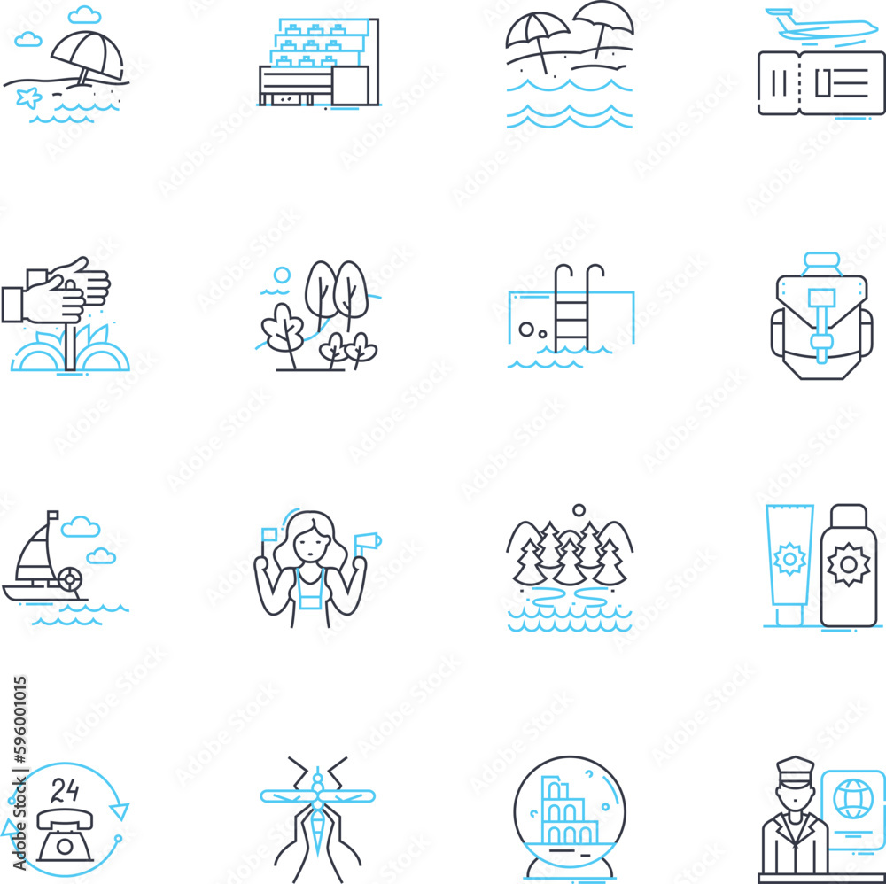 Corporate trips linear icons set. Business, Conference, Retreat, Team-building, Nerking, Training, Meetings line vector and concept signs. Convention,Incentive,Destination outline illustrations